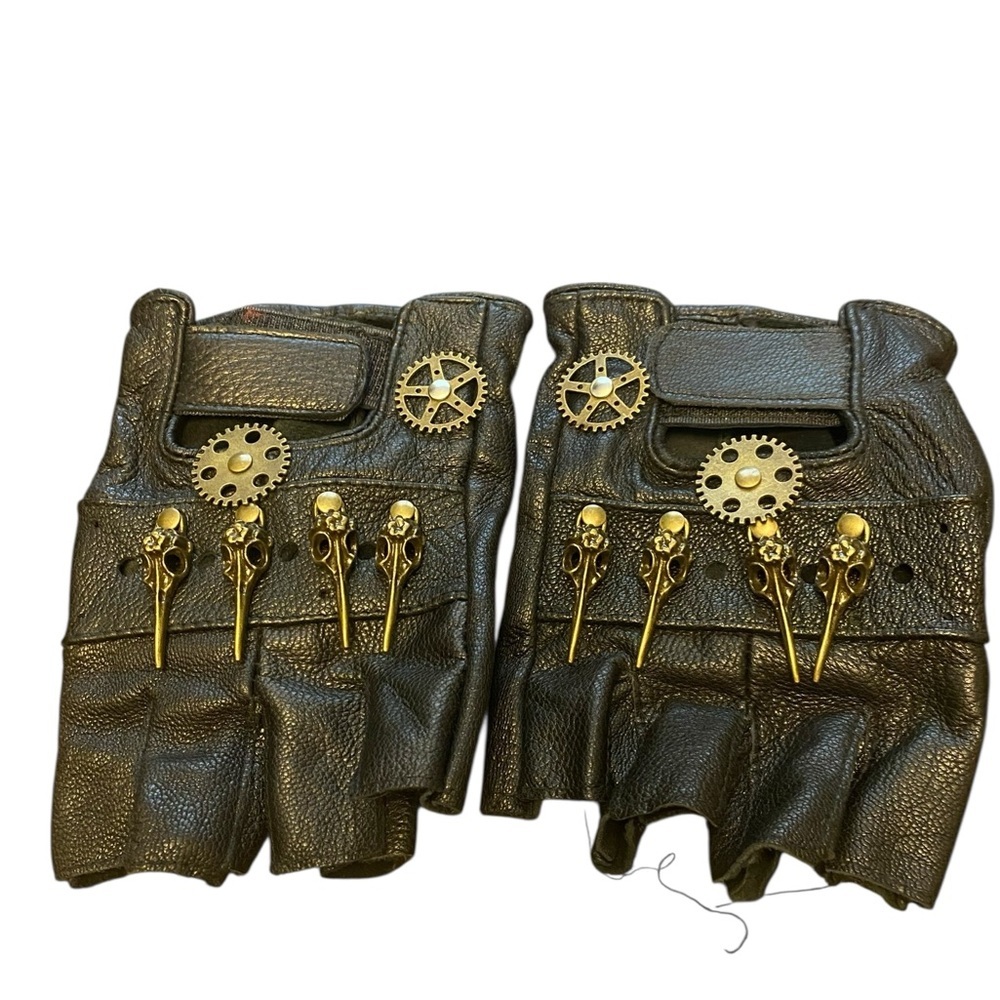 Steampunk Black Leather Fingerless Gloves with Gold Accents